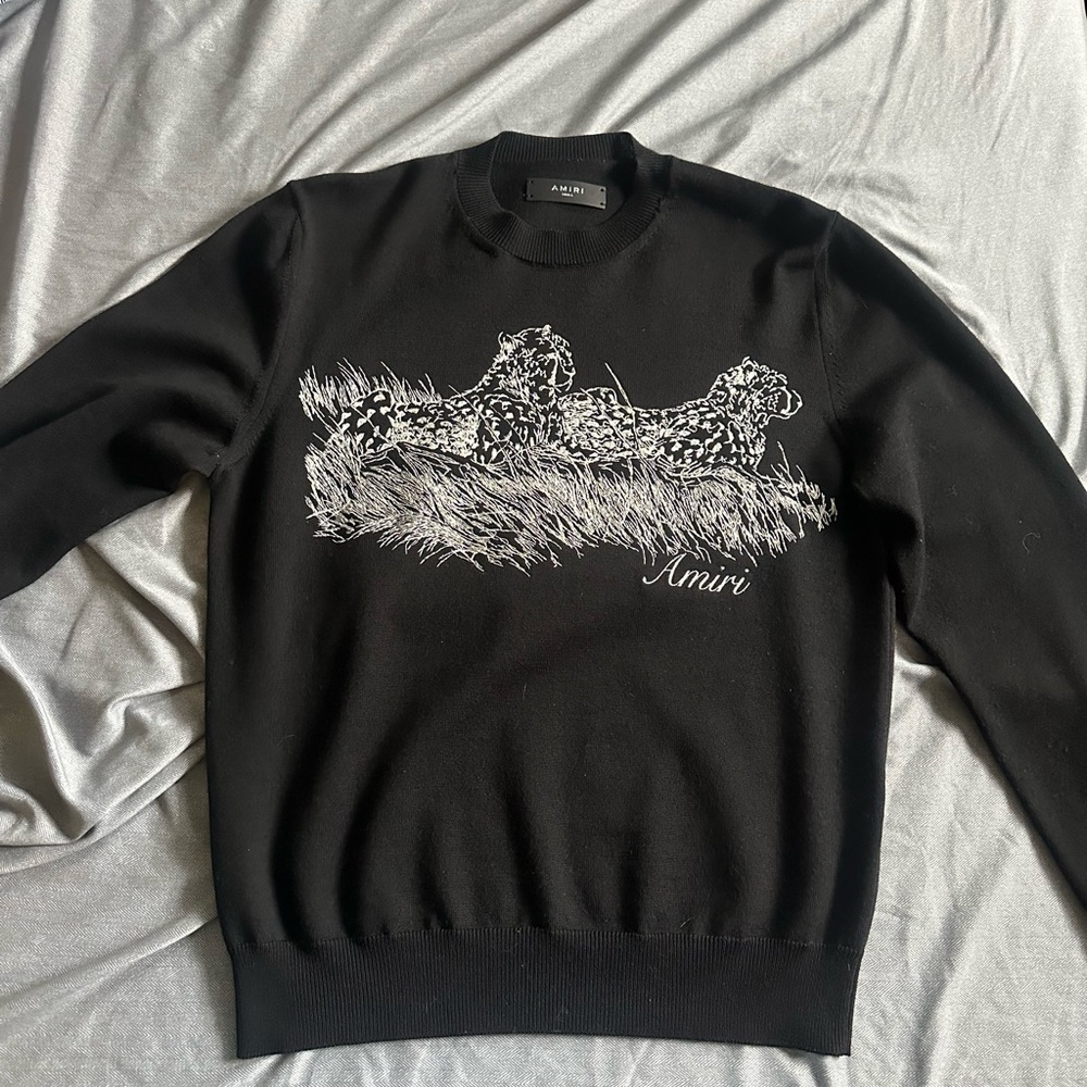AMIRI Black Crewneck Sweater with Bold Graphic Design